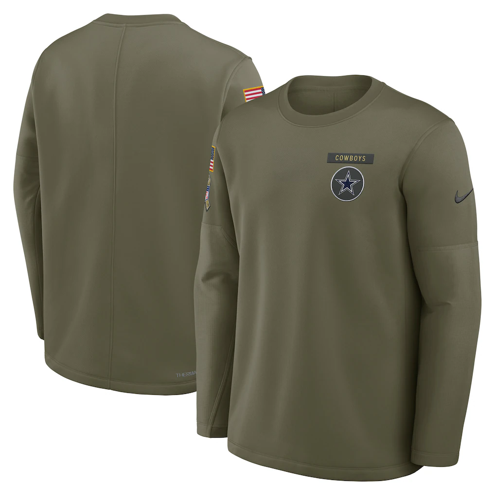 Men's Dallas Cowboys Olive 2025 Salute to Service Sideline Coaches Therma-FIT Long Sleeve Shirt Men's Dallas Cowboys Olive 2025 Salute to Service Sideline Coaches Therma-FIT Long Sleeve Shirt